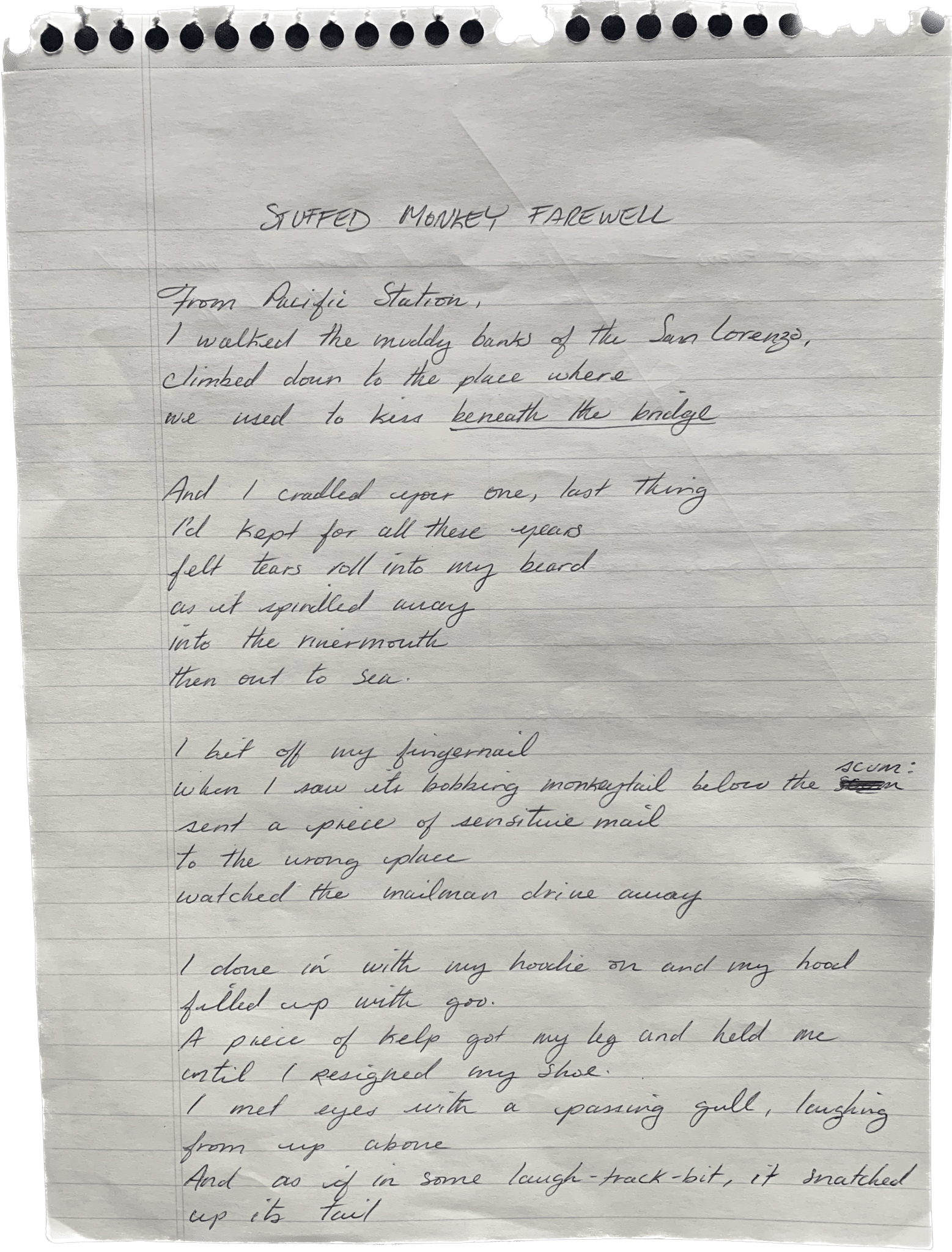 ORIGINAL 'Stuffed Monkey Farewell' handwritten lyrics Under the Rug